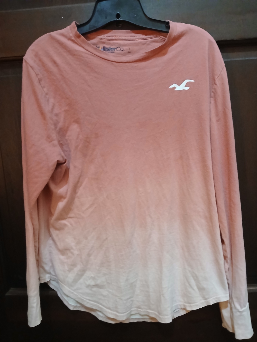 Hollister Women's Long Sleeve Ombre Tee - Pink Size L With Logo On Sleeve